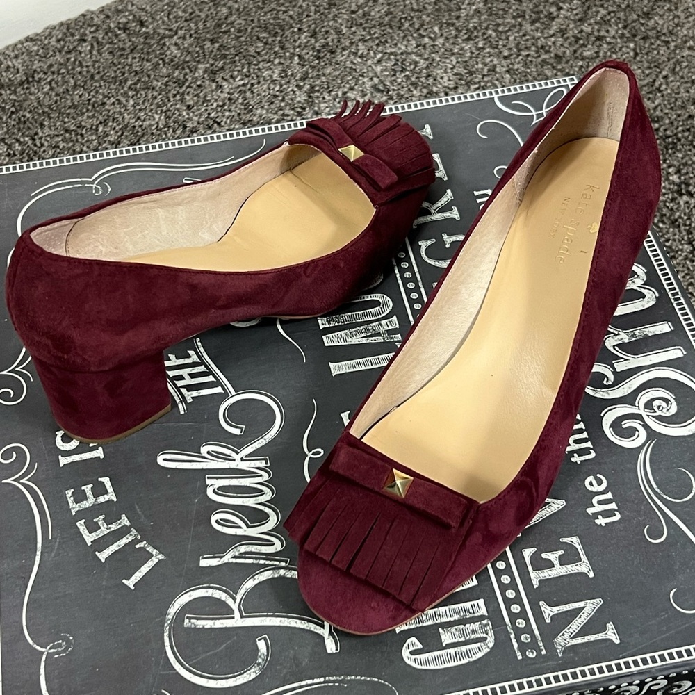 Kate Spade Burgundy Suede Heels with Decorative Bow